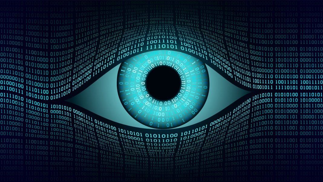 A digital illustration of a human eye made of glowing binary code, surrounded by streams of zeroes and ones on a dark background.