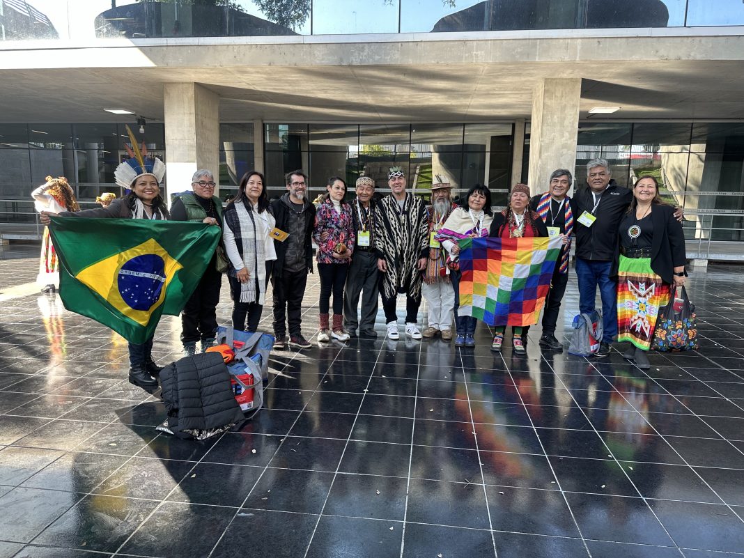 A group of Indigenous leaders standing together outside a modern building, displaying the flag of Brazil and the Wiphala flag.